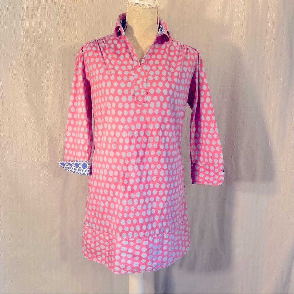 Tizzie Pink & Gray Cotton Collared Tunic Shirt Dress Hidden Side Pockets XS 👍